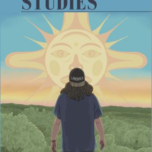 Illustration of man facing a sun representative of Salish motifs. wearing a baseball cap with the word Landback.