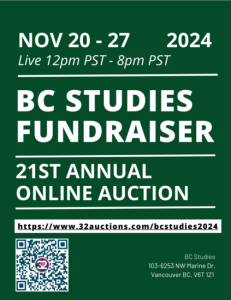 Cover photo for: BC Studies 21st annual online auction Nov 20 – 27!